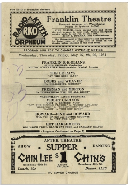 1931 RKO Program Advertising ''Howard--Fine and Howard'' -- 10pp. Color Program From Brooklyn's Keith's Franklin Theater Measures 5.25'' x 7.75'' -- Mild Soiling & Some Writing by a Child, Very Good